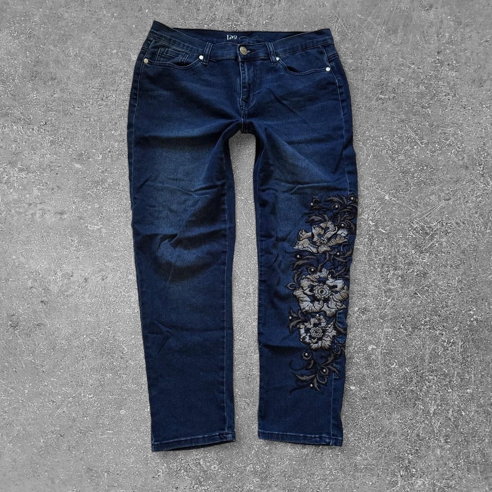 DG2 Diane Gilman Womens 8P Dark Wash Embroidered Floral Jeans Navy Blue